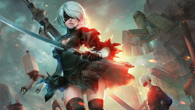solo, Espada, fire, boobs, Nier: Automata, 2B, androids, lens flare, video games