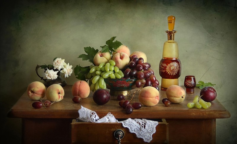 still life, food, fruit, berries, grapes, peaches