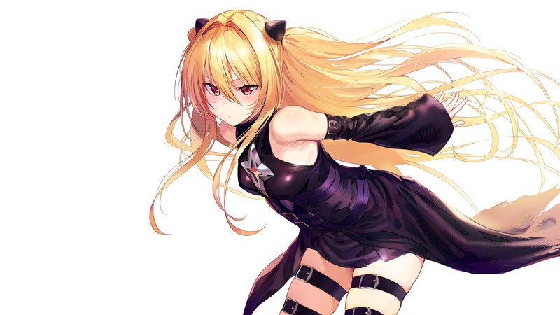 blonde, bare shoulders, To love ru, Golden Darkness, small boobs, red eyes, simple background, To Love-ru Darkness, looking at viewer, anime, anime girls, long hair, To Love-ru