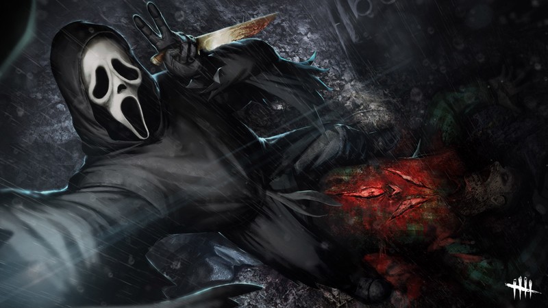 Dead by Daylight, video games, video game art, horror, ghostface, Scream, death, blood, selfies, knives, black, peace