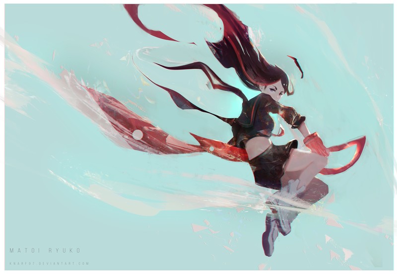 Kill la Kill, women with swords, Senketsu, anime girls, sailor outfit, small boobs, thighs, thick thigh, female warrior, jumping, hair blowing in the wind, long hair, multi-colored hair, black hair, redhead, Matoi Ryuuko, 2D, looking at viewer, blue eyes, red gloves, fighting, clear sky, fan art, curvy, anime