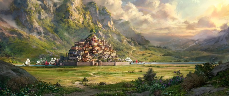 Total War: ELYSIUM, video games, digital art, video game art, boat, ship, castle, trees, mountains, river, Colosseum, ultrawide, ultra-wide