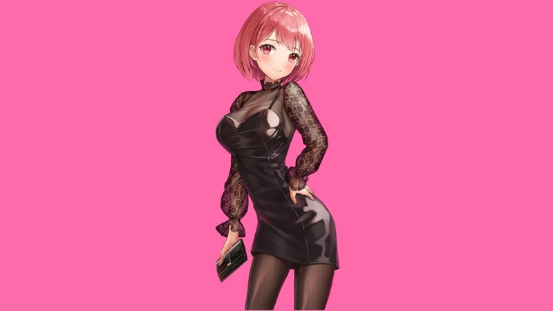 pink hair, short hair, black dress, purse, clutch, pink eyes, pink background, anime girls, anime, pantyhose