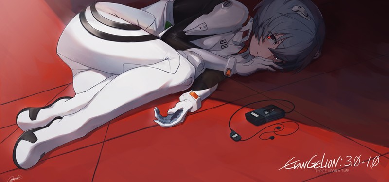 Neon Genesis Evangelion, short hair, bodysuit, Ayanami Rei, anime girls, thighs, ass cheeks, glutes, small boobs, 2D, aqua hair, earphones, plugsuit, the gap, thick ass, thick thigh, red background, looking at viewer, red eyes, fan art, anime