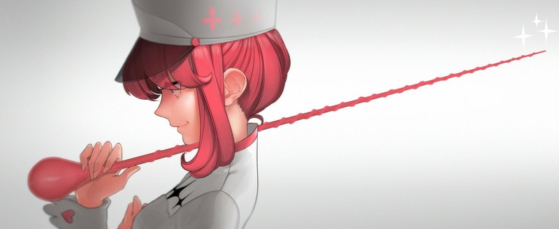 Kill la Kill, anime girls, long hair, white hat, smiling, small boobs, Jakuzure Nonon, wrist cuffs, pink hair, 2D, looking away, loli, fan art, simple background, ultrawide, anime