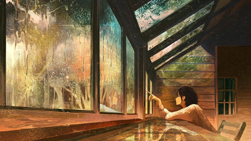 anime, anime girls, digital art, artwork, 2D, portrait, rain, water on glass, rest, calm