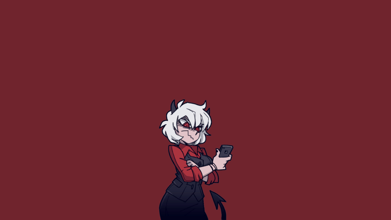 Helltaker, demon girl, demon girls, horns, anime, anime girls, simple background, white hair, red eyes, tail, phone