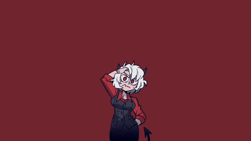 Helltaker, demon girl, demon girls, horns, anime, anime girls, simple background, white hair, red eyes, tail