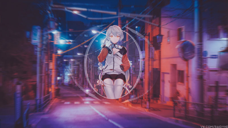anime, anime girls, picture-in-picture, Kiana Kaslana, street, lights