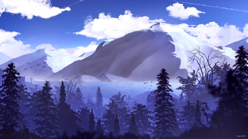 mountains, peaks, forest, clouds, art, 4k