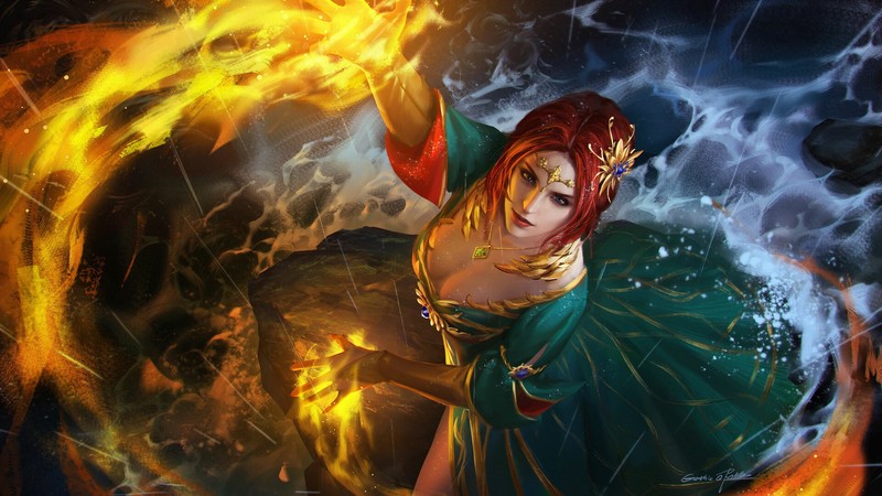 Qichao Wang, drawing, The Witcher, Triss Merigold, redhead, women, hair accessories, gold, tiaras, magician, jewelry, necklace, dress, spell, fire, water, top view, looking at viewer, green clothing