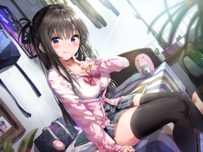 anime, anime girls, digital art, artwork, 2D, portrait, thigh-highs, school uniform, looking at viewer, brunette, violet eyes, tongue out