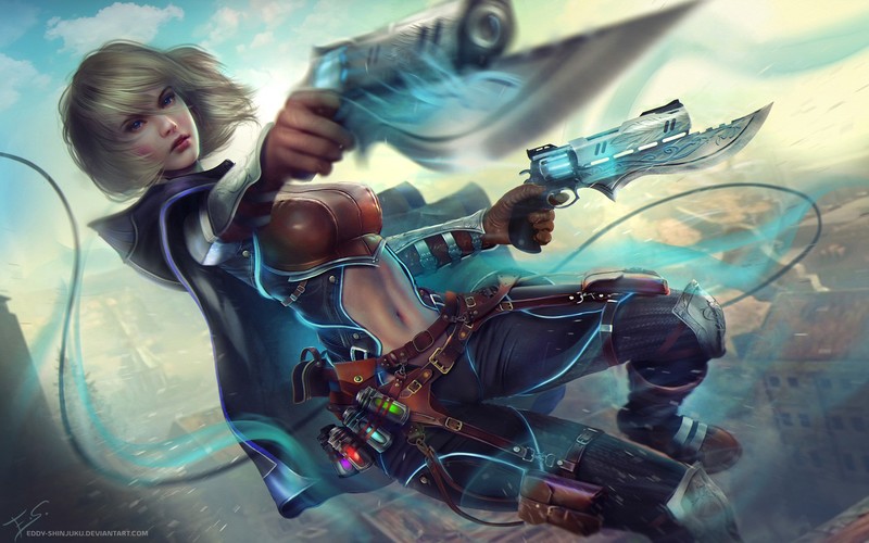 Eddy Shinjuku, drawing, women, blonde, short hair, wind, blush, blue eyes, motion blur, weapon, gun, pistol, blades, belt, pants, fighting, cape
