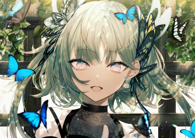 anime, anime girls, green hair, butterflies, butterfly