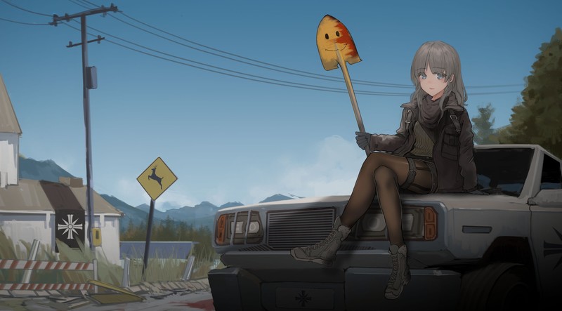 anime, anime girls, AegisFate, Far Cry 5, shovels, Smile, car, vehicle, sign, legs crossed, pantyhose