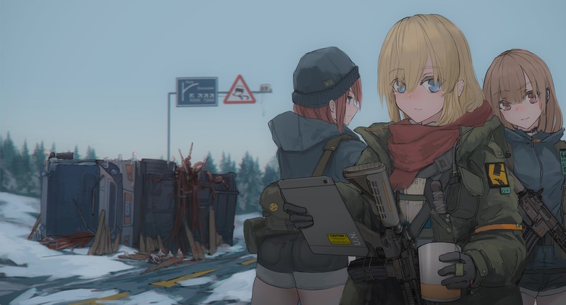 anime, anime girls, AegisFate, Girl With Weapon, snow, road, blonde, blue eyes