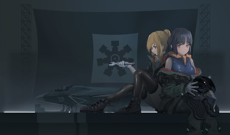 anime, anime girls, AegisFate, wrench, blonde, dark hair, sitting