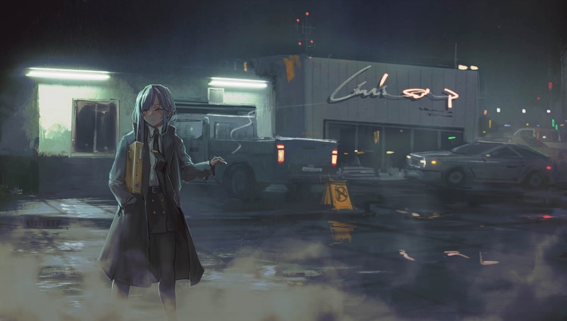 anime, anime girls, AegisFate, car, smoking, long hair, grey hair, night, original characters, pantyhose, 2D, looking away, orange eyes, blushing, winter