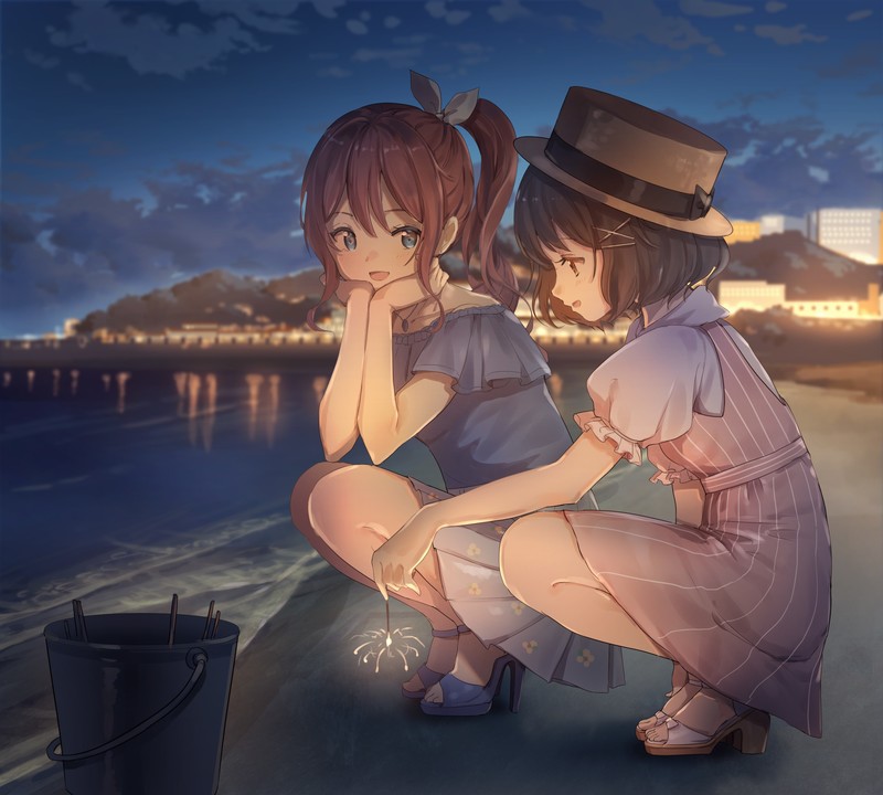 anime, anime girls, sea, beach, bucket, sparkler