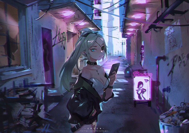 anime girls, anime, green hair, ponytail