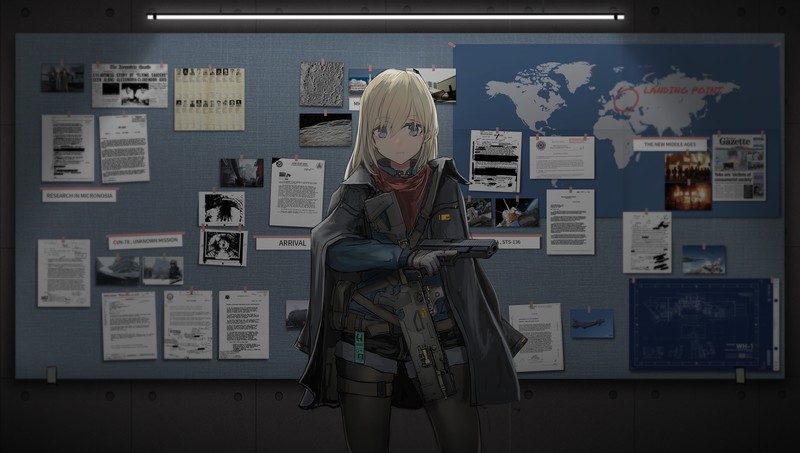 anime, anime girls, AegisFate, Girl With Weapon, pistol, long hair, blond hair, 2D, original characters, blue eyes, thighs, pantyhose, black jackets, looking at viewer