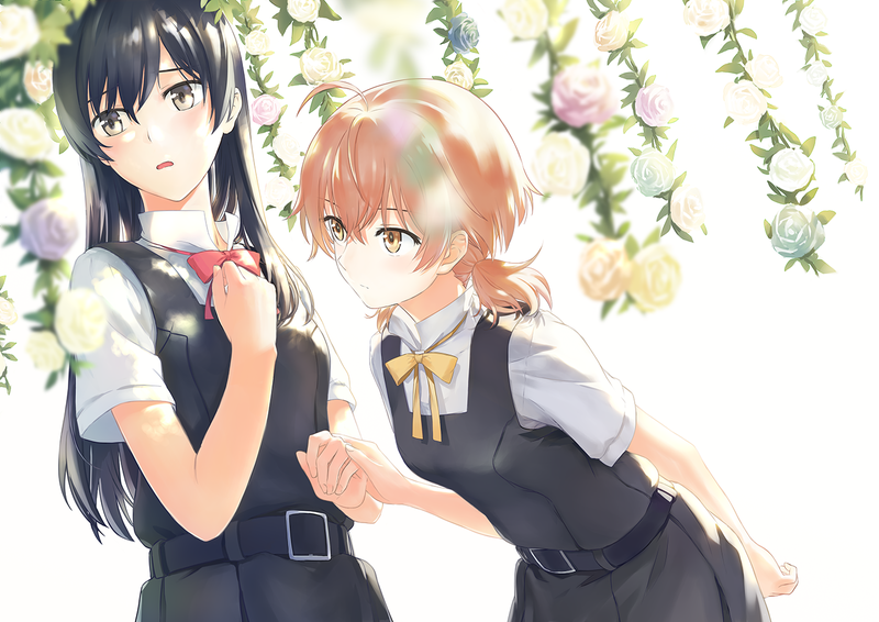 Yagate Kimi ni Naru, yuri, school uniform, JK, long hair, short hair, black hair, pink hair, small boobs, open mouth, blushing, embarrassed, anime girls, Koito Yuu, Nanami, Touko, looking away, 2D, black eyes, arched back, curvy, roses, fan art, anime