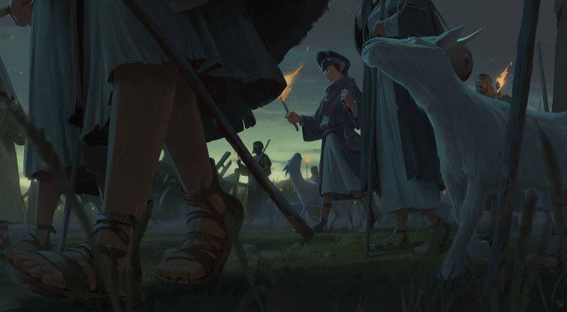 walking, wolf, artwork, fantasy art, torches