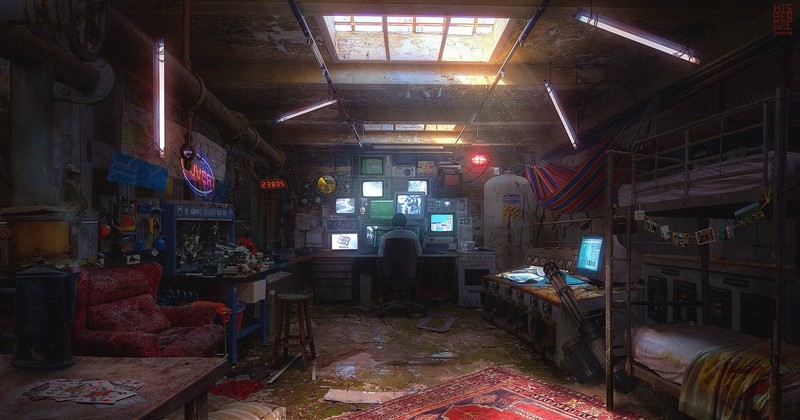 indoors, multiple display, computer, artwork