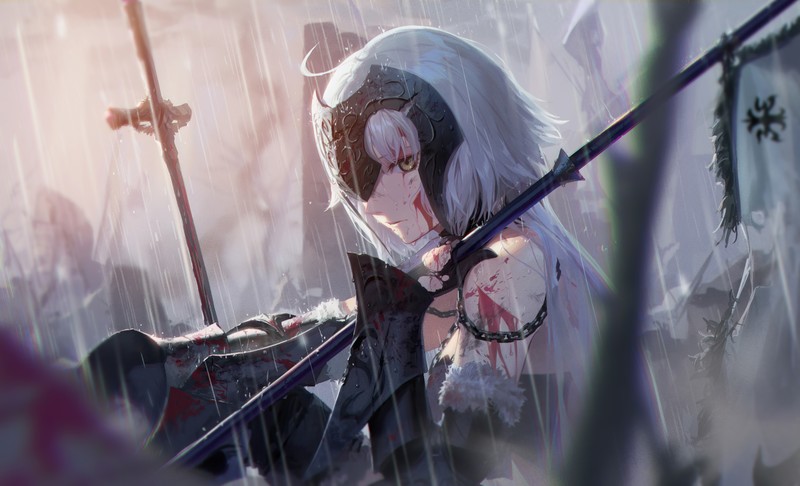 silver hair, blood, rain, Jeanne (Alter) (Fate/Grand Order), anime