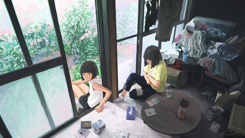 anime girls, indoors, table, anime
