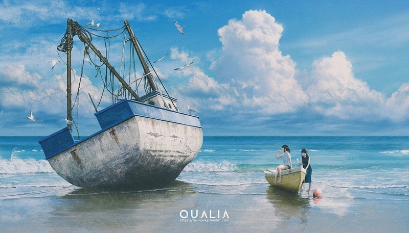 anime girls, shipwreck, boat, clouds, sea, beach