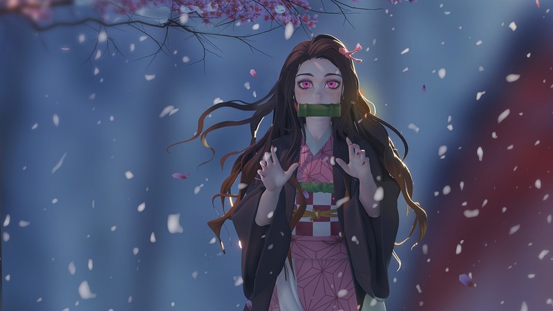 anime girls, Sakura blossom, anime, Kamado Nezuko, Kimetsu no Yaiba