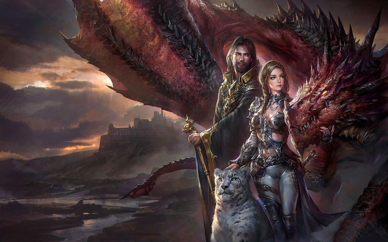 dragon, warrior, creature, leopard, snow leopard, women, men, castle, river, sword, Armored, horns, fantasy art, fantasy girl, artwork