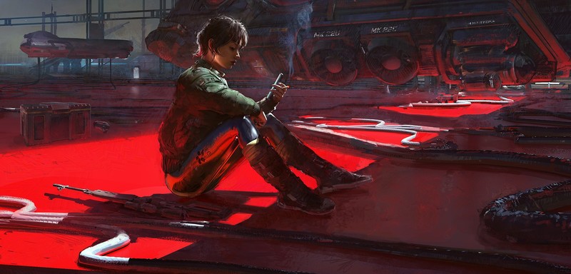 women, futuristic, Klaus Wittmann, artwork, cigarettes, sitting