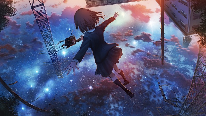 night sky, upside down, school uniform, flying, brunette, short hair, clouds, building, poles, utility pole, knee-highs, twintails, anime