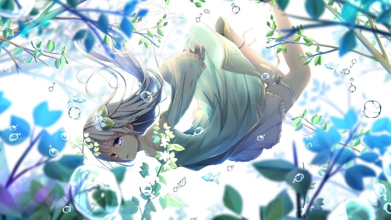 anime girls, falling, long hair, leaves, heterochromia, white hair, water drops, white dress, anime