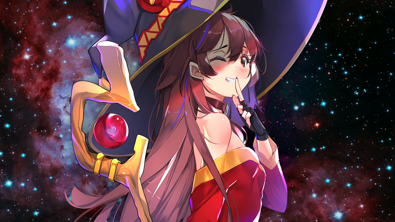 anime girls, long hair, Megumin, brunette, staff, hat, wink, gloves, brown eyes, bare shoulders, space, galaxy, stars, Kono Subarashii Sekai ni Shukufuku wo!, anime