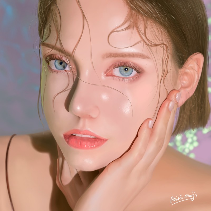 digital, art installation, face, women, drawing, portrait, closeup, blue eyes, open mouth, sensual gaze, hand on face, juicy lips, short hair