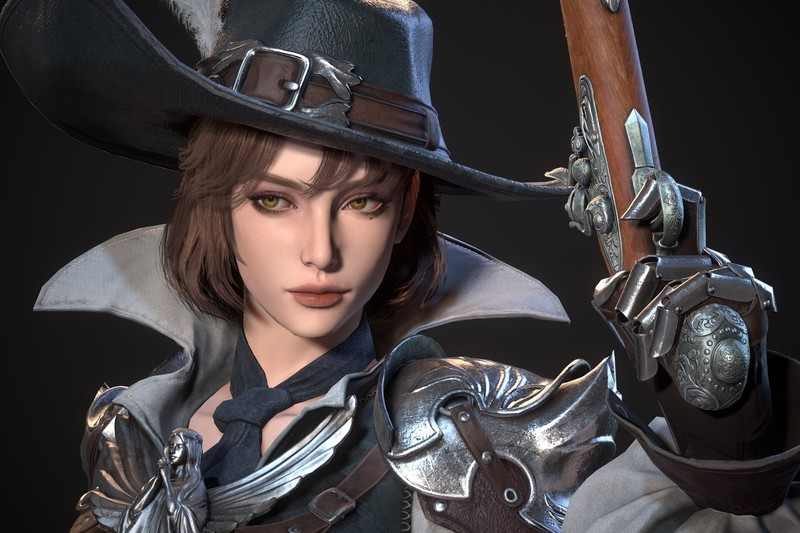 Yerim Kim, CGI, women, hat, weapon, gun, looking away, brunette, short hair, simple background, portrait