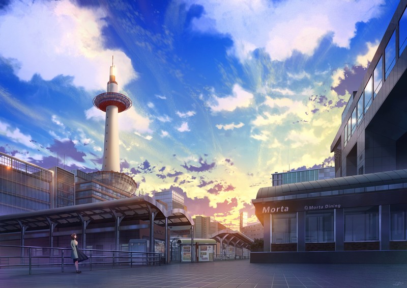 Kyoto, moescape, anime girls, city, sky, anime