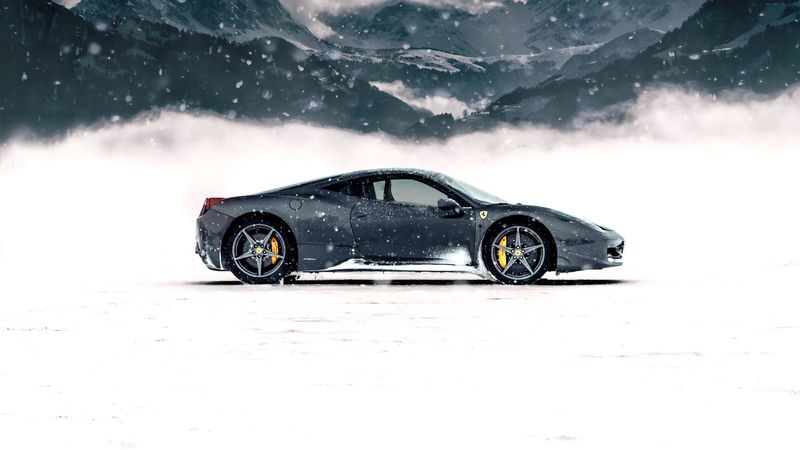 ferrari 458 italia, ferrari, sports car, gray, side view, snow, mountains, winter, 4k