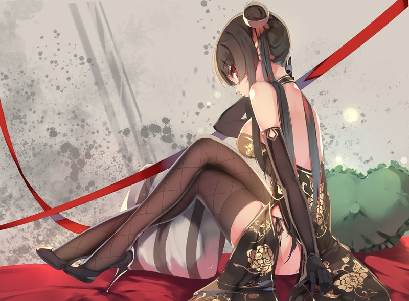 brunette, red eyes, pantyhose, thighs, gloves, dress, anime