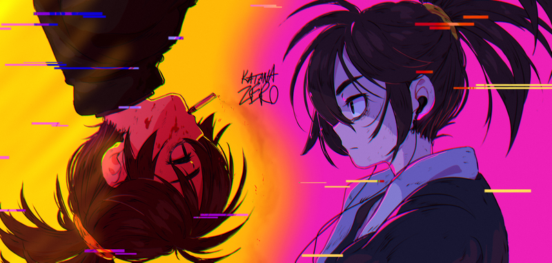 Katana Zero, samurai, colorful, headphones, cigarettes