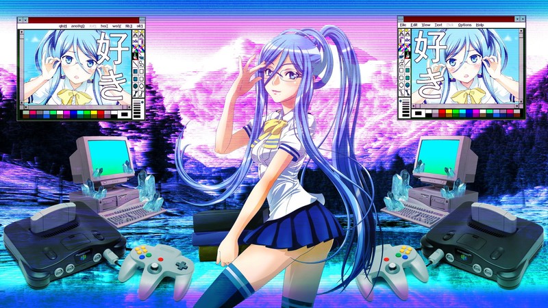 anime, vaporwave, anime girls, long hair, miniskirt, blue hair, Nintendo 64, computer, controller, glasses