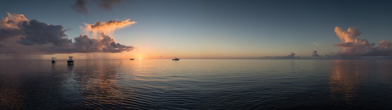 landscape, sea, horizon, sunset, clouds, nature, boat, dual display, multiple display, panorama