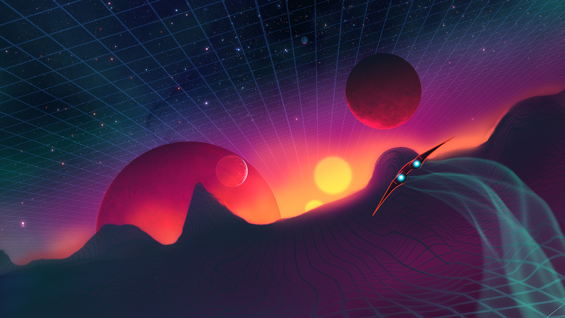 spaceship, planet, stars, Retrowave