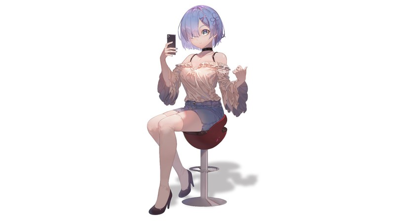 Rem (Re: Zero), blue hair, cellphone, chair, heels, bare shoulders, Re:Zero Kara Hajimeru Isekai Seikatsu, anime