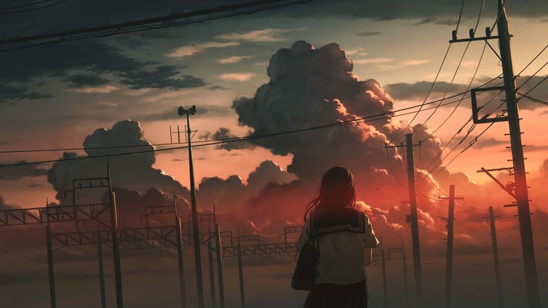 school uniform, wires, black hair, long hair, moescape, anime