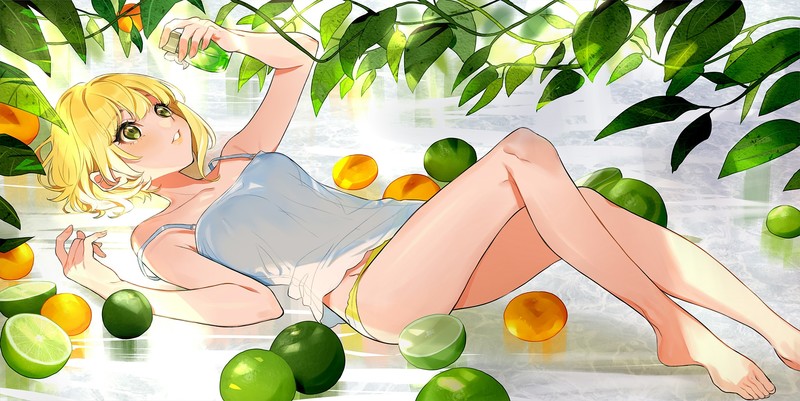 yellow hair, yellow eyes, apples, leaves, laying on back, white tank top, anime