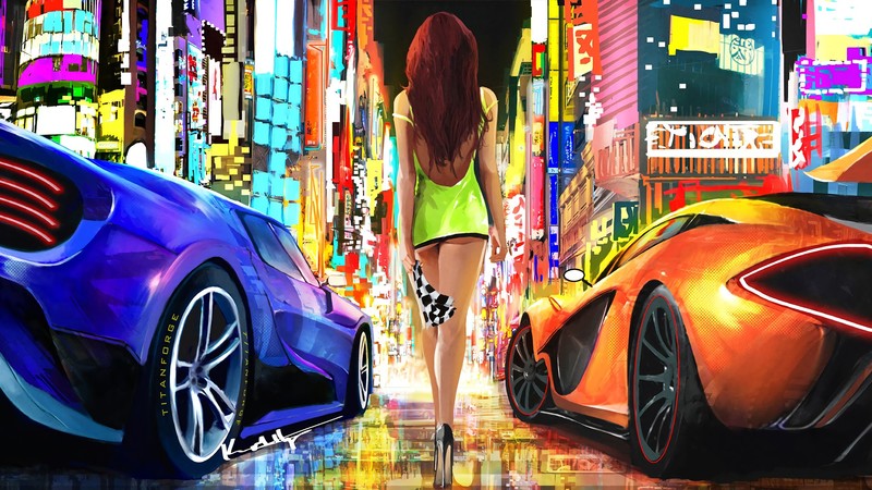 car, digital art, McLaren P1, long hair, Street Racing, Tokyo, minidress